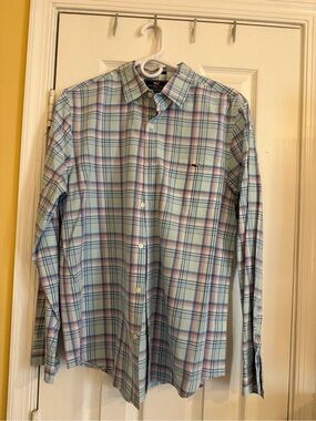 Vineyard Vines Men’s Light Blue Plaid Dress Shirt with Navy & Pink Accents